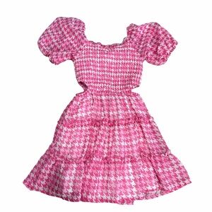 Art Class Girls Pink Houndstooth Puff Sleeve Dress with Cutouts | Size S (6/7)